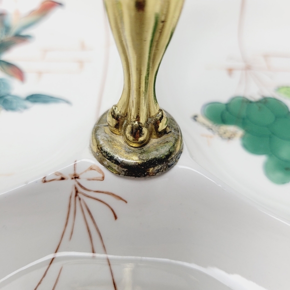 Vintage Japan Divided 3 Section Serving Dish Porcelain Hand Painted Fruit Brass - Picture 9 of 12